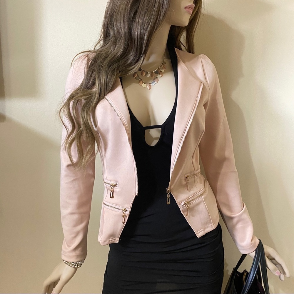 Khaki Cropped Moto-Style Jacket W/ Gold Zippers - Picture 4 of 5